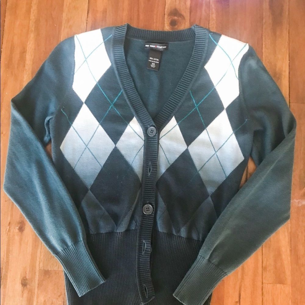 NY & Co argyle teal cardigan size XS